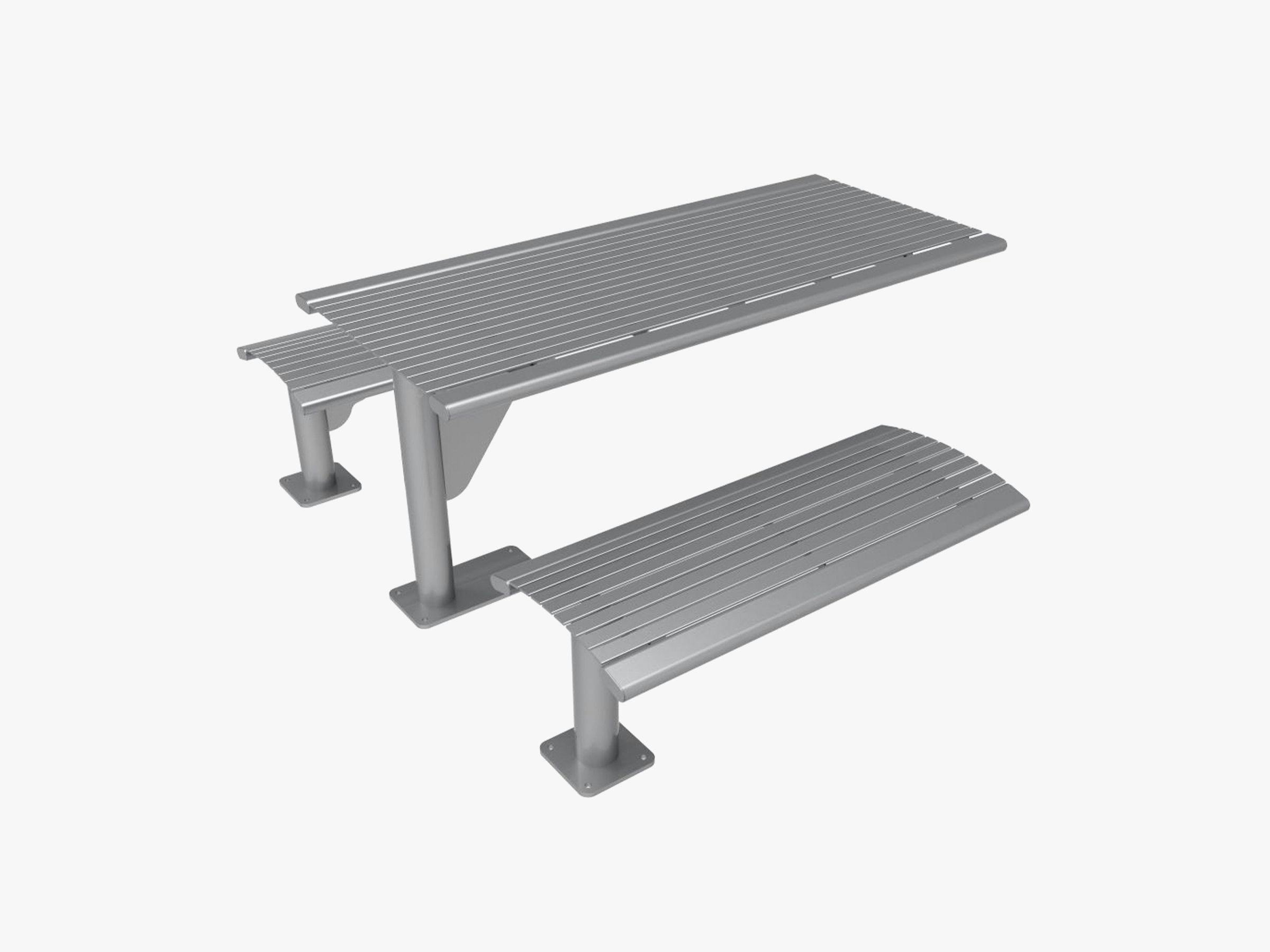 6’ Phoenix Cantilever Horizontal Steel Slat Table and 2 4’ Benches, Surface Mount