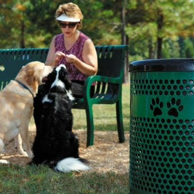 dog park bench and trash bin