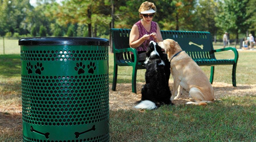 dogs at dog park with green bench and trash bin