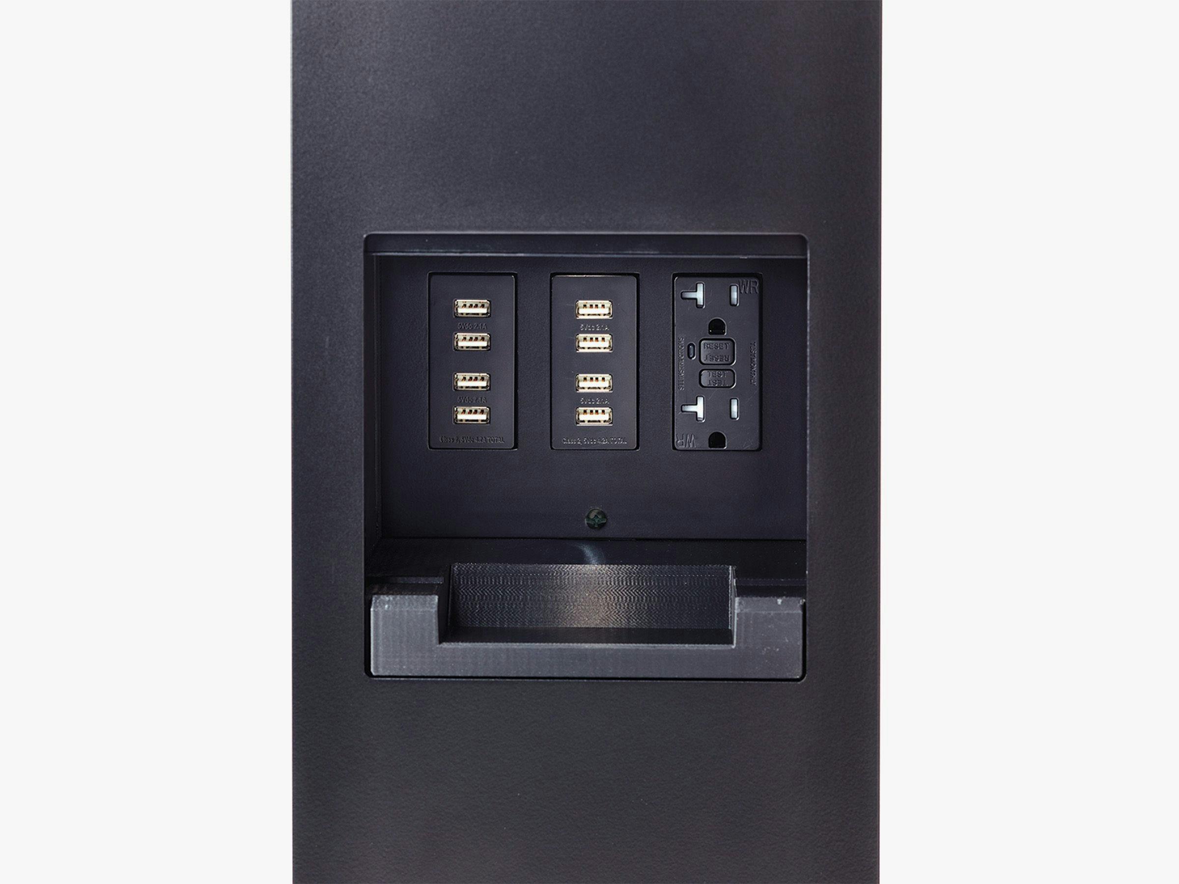 Outdoor Charging Station with area light, three gangs, (1) receptacle, (2) USB